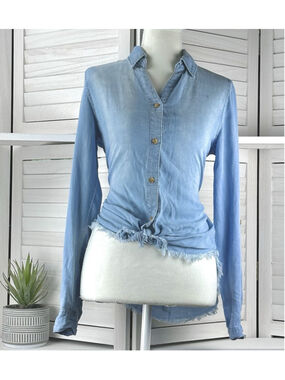 Miami Chambray Denim Button Front Shirt | Frayed Hem | Extra Small (XS)